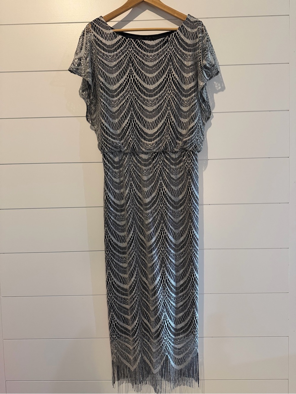 SLNY Black and Silver Scallop Fringe Maxi Dress
